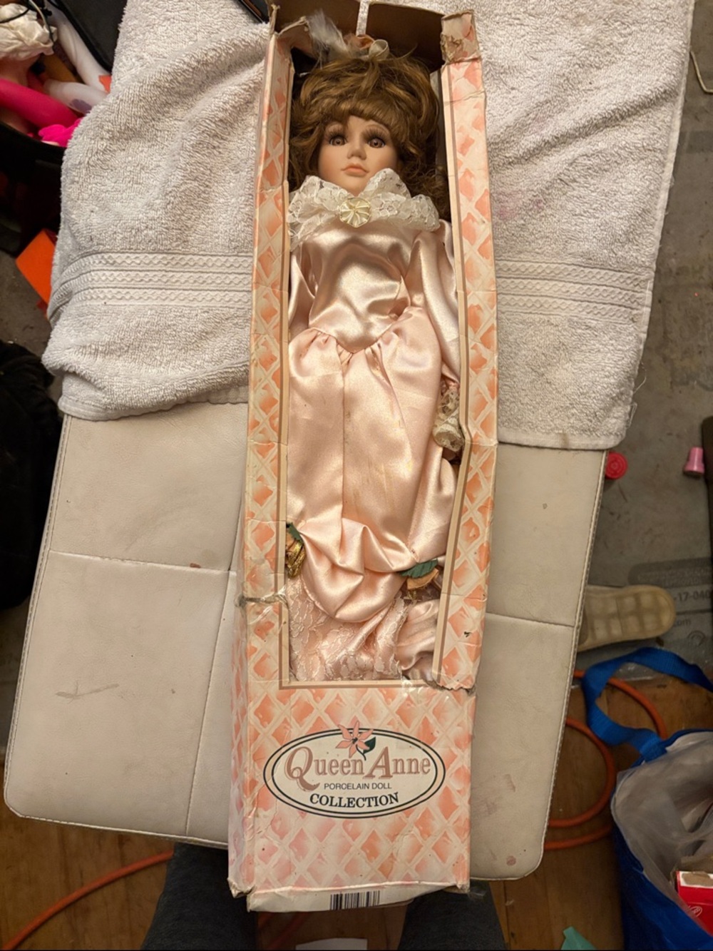Queen Anne Porcelain Doll in Pale Pink Satin Gown